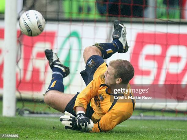 Goalkeeper Joe Hart of Manchester saves a penalty during UEFA Cup second qualifying round, second leg match between Midtjylland and Manchester City...