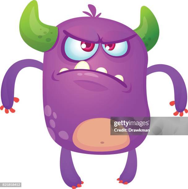 Angry Cartoon Monster Violet Horned Monster Troll Or Goblin With