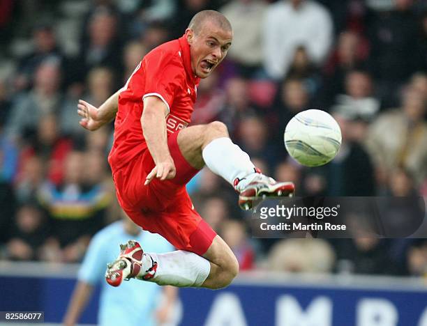 Mikkel Thygesen of Midtjylland in action during the UEFA Cup second qualifying round, second leg match between Midtjylland and Manchester City at the...