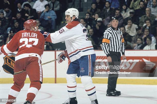 Detroit forward Tim Taylor and Canadiens defenceman Murray Baron shoving each other in a game at the Molson Centre during the 1996-97 season.