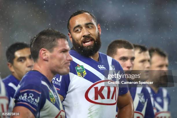 Sam Kasiano of the Bulldogs talks to team mates after an Eels try during the round 22 NRL match between the Canterbury Bulldogs and the Parramatta...