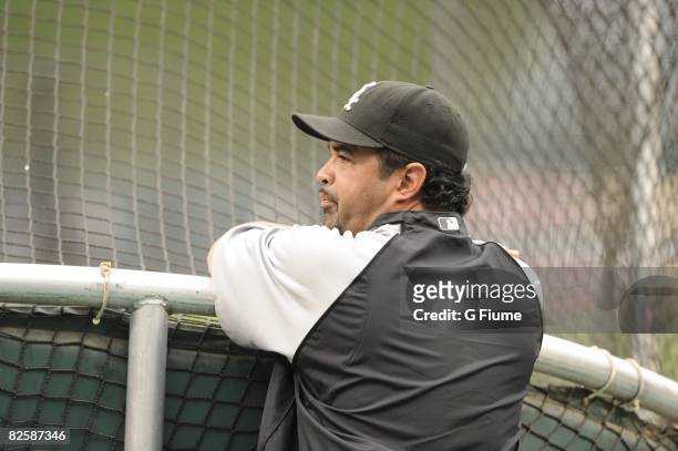 Manager Ozzie Guillen of the Chicago White Sox watches batting practice before the game against the Baltimore Orioles on August 25, 2008 at Camden...
