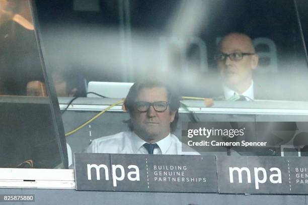 Bulldogs coach Des Hasler watches from the coaches box during the round 22 NRL match between the Canterbury Bulldogs and the Parramatta Eels at ANZ...