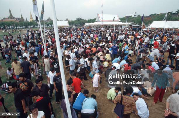 Crowds of people scour the ground for grains of rice ritually sown in the Royal Field during the royal ploughing ceremony. The royal ploughing...