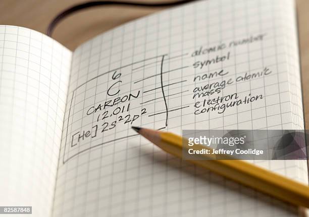 notebook with carbon symbol - periodic table stock-fotos und bilder
