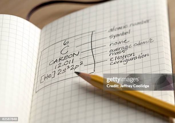 notebook with carbon symbol - periodic table 個照片及圖片檔