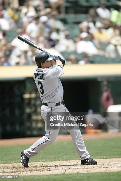 Jose Vidro of the Seattle Mariners at bat during the game against the Oakland Athletics at McAfee Coliseum in Oakland, California on July 10, 2008....