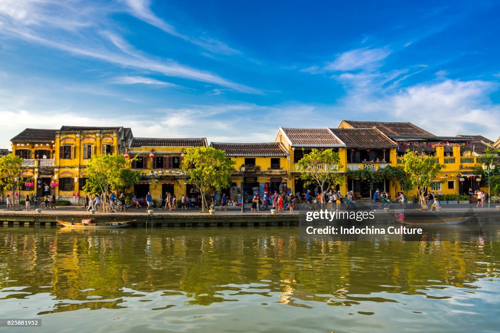 Yellow old houses of ancient town Hoi An nearby Thu Bon river