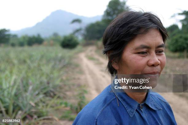 Mae Moh villager Khun Chanikandar Naktap walks along a path on her farmland, which she claims has been damaged by the effects of acid rain caused by...
