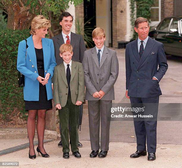 Princess Diana, Princess of Wales, Prince Harry, Prince William and Prince Charles, Prince of Wales attend Prince William's first day at Eton College...