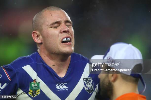 David Klemmer of the Bulldogs leaves the field injured during the round 22 NRL match between the Canterbury Bulldogs and the Parramatta Eels at ANZ...