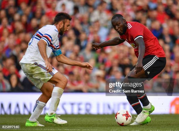 Dublin , Ireland - 2 August 2017; Romelu Lukaku of Manchester United in action against Vasco Regini of Sampdoria during the International Champions...