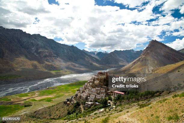 key monastery and himalayan mountain - monastery stock pictures, royalty-free photos & images