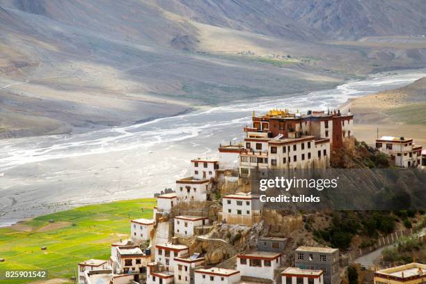 key monastery and himalayan mountain - monastery stock pictures, royalty-free photos & images