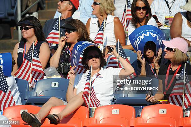 Supporters watch the proceedings at the Democratic National Convention 2008 at the Invesco Field in Denver, Colorado, on August 28, 2008. Democratic...