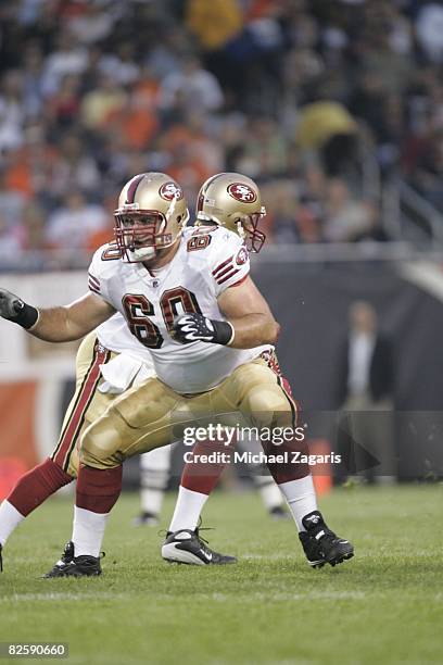 Brian De La Puente of the San Francisco 49ers defends during the NFL game against the Chicago Bears at Soldier Field on August 21, 2008 in Chicago,...