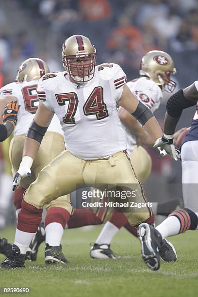 Joe Staley of the San Francisco 49ers blocks during the NFL game against the Chicago Bears at Soldier Field on August 21, 2008 in Chicago, Illinois....