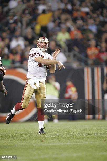 Sullivan of the San Francisco 49ers passes the ball during the NFL game against the Chicago Bears at Soldier Field on August 21, 2008 in Chicago,...