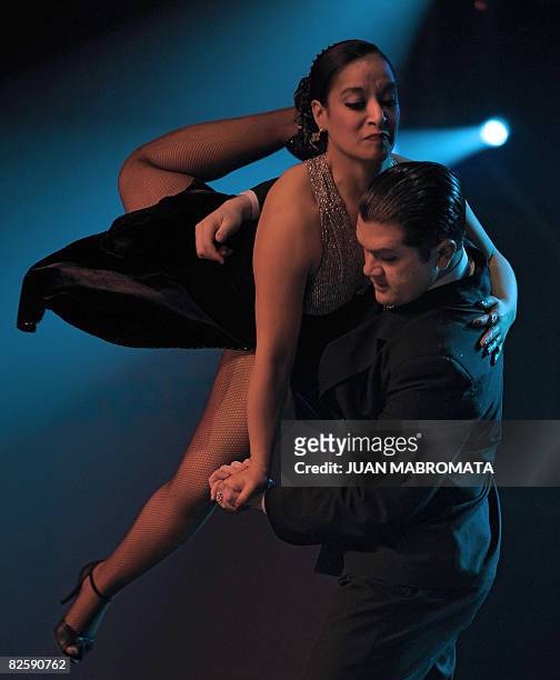The Chilean couple of Ivan Ortiz and Jessica Oyarzun dances during the second day of the qualifying round of the Stage Tango competition at the 6th...