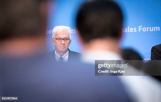 Governor of Baden- Wuerttemberg Winfried Kretschmann speaks at a press conference in the course of the Diesel Summit on August 02, 2017 in Berlin,...