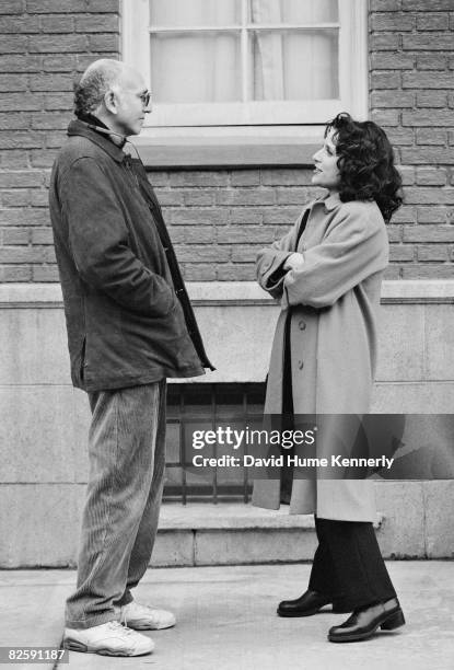 Larry David and and Julia Louis Dreyfus on the set of shooting the last few episodes of the hit television show Seinfeld, 1998 in Los Angeles,...