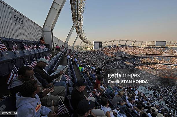 Supporters appear to fill the 75,000-seat Invesco Field during the Democratic National Convention 2008 in Denver, Colorado, on August 28, 2008....