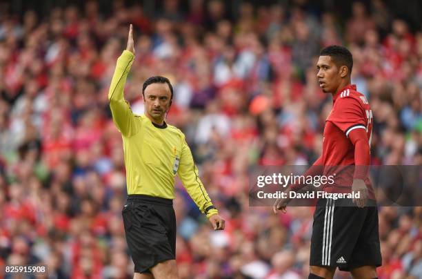 Dublin , Ireland - 2 August 2017; Referee Neil Doyle and Chris Smalling of Manchester United during the International Champions Cup match between...