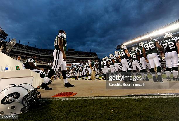 General view of the New York Jets bench during a game against the Philadelphia Eagles at Lincoln Financial Field on August 28, 2008 in Philadelphia,...