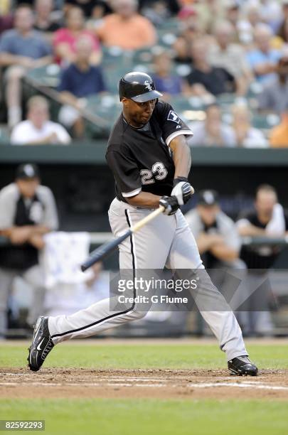 Jermaine Dye of the Chicago White Sox bats against the Baltimore Orioles August 25, 2008 at Camden Yards in Baltimore, Maryland. This game is a...
