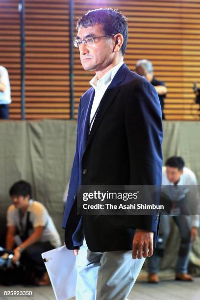 New Foreign Minister Taro Kono is seen on arrival at the prime minister's official residence on August 3, 2017 in Tokyo, Japan. Prime Minister Shinzo...