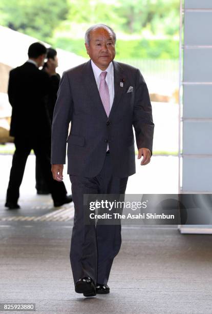 New Minister for Tokyo Olympic and Paralympic Games Shunichi Suzuki is seen on arrival at the prime minister's official residence on August 3, 2017...