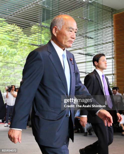 Minister for reconstruction Masayoshi Yoshino is seen on arrival at the prime minister's official residence on August 3, 2017 in Tokyo, Japan. Prime...