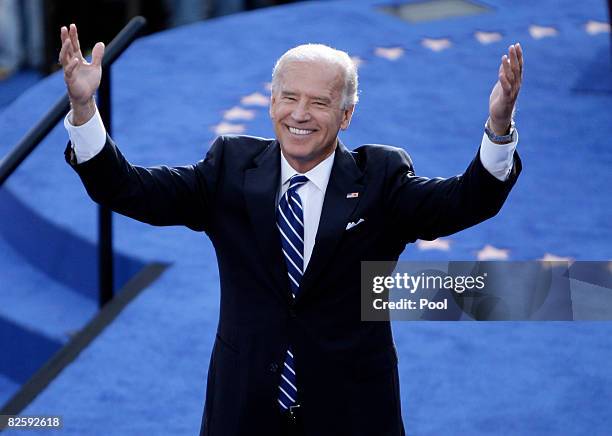 Democratic U.S. Vice Presidential nominee Joe Biden reacts to the crowd on day four of the Democratic National Convention at Invesco Field at Mile...