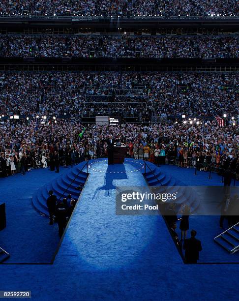 Democratic U.S. Vice Presidential nominee Joe Biden reacts to the crowd on day four of the Democratic National Convention at Invesco Field at Mile...