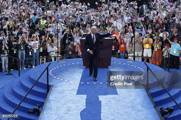 Democratic U.S. Vice Presidential nominee Joe Biden leaves the stage on day four of the Democratic National Convention at Invesco Field at Mile High...