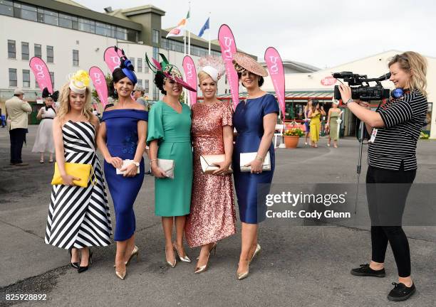 Galway , Ireland - 3 August 2017; Racegoers, from left, Jenny Grogan-Browne, from Swords, Co Dublin, Fiona Faherty, from Moycullen, Co Galway, Olivia...