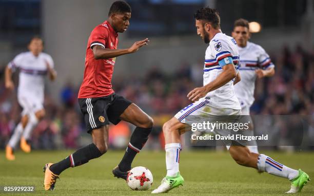 Dublin , Ireland - 2 August 2017; Marcus Rashford of Manchester United in action against Vasco Regini of Sampdoria during the International Champions...