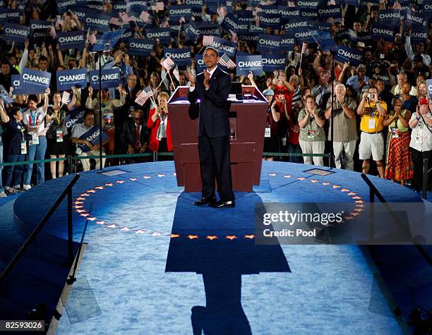 Sen. Barack Obama greets delegates before he accepts the Democratic presidential nomination at Invesco Field at Mile High at the 2008 Democratic...