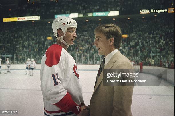 Montreal Canadiens defenceman Larry Robinson shakes hands after Philadelphia victory in the Wales Conference finals at the Montreal Forum in 1987.
