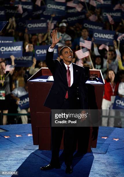 Sen. Barack Obama greets delegates before he accepts the Democratic presidential nomination at Invesco Field at Mile High at the 2008 Democratic...