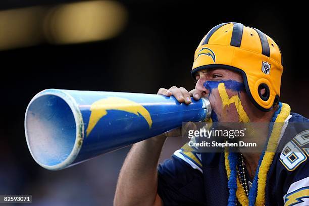 San Diego Chargers fan shouts through a megaphone during the game with the Seattle Seahawks on August 25, 2008 at Qualcomm Stadium in San Diego,...