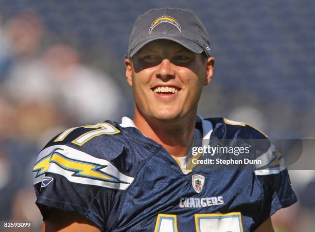 Quarterback Philip Rivers of the San Diego Chargers smiles before the game against the Seattle Seahawks on August 25, 2008 at Qualcomm Stadium in San...