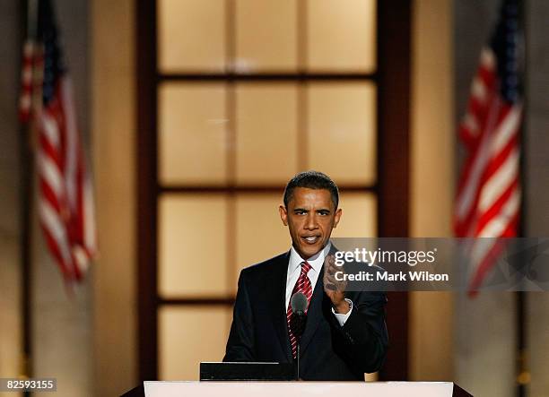 Democratic U.S. Presidential nominee Sen. Barack Obama speaks on day four of the Democratic National Convention at Invesco Field at Mile High August...