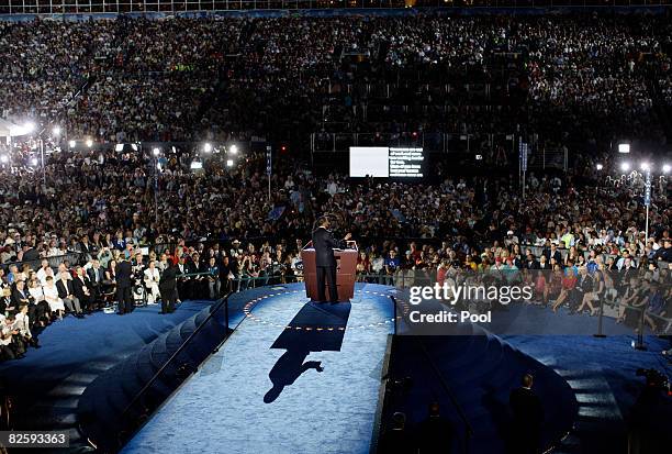 Sen. Barack Obama speaks as he accepts the Democratic presidential nomination at Invesco Field at Mile High at the 2008 Democratic National...