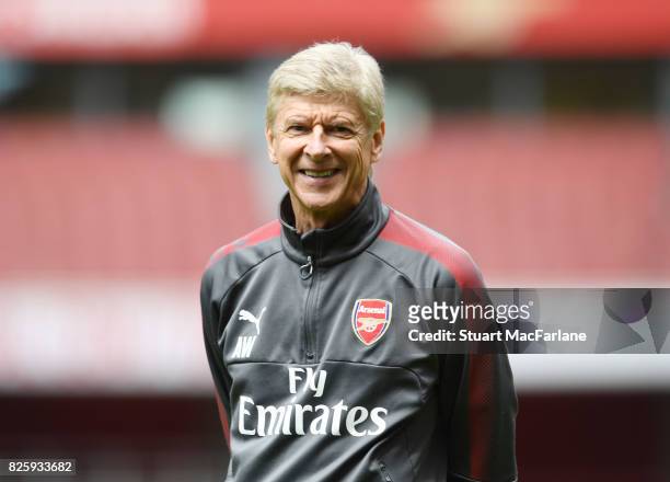 Arsenal manager Arsene Wenger during a training session at Emirates Stadium on August 3, 2017 in London, England.