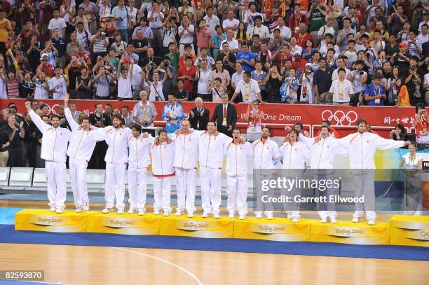 Silver medal winners Spain stand on the podium during the medal ceremony for the men's basketball final at the 2008 Beijing Summer Olympics at the...