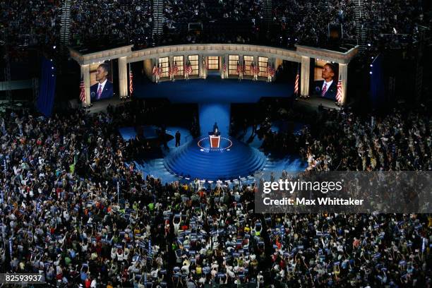 Democratic U.S. Presidential nominee Sen. Barack Obama speaks on day four of the Democratic National Convention at Invesco Field at Mile High August...