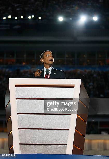 Democratic U.S. Presidential nominee Sen. Barack Obama speaks on day four of the Democratic National Convention at Invesco Field at Mile High August...