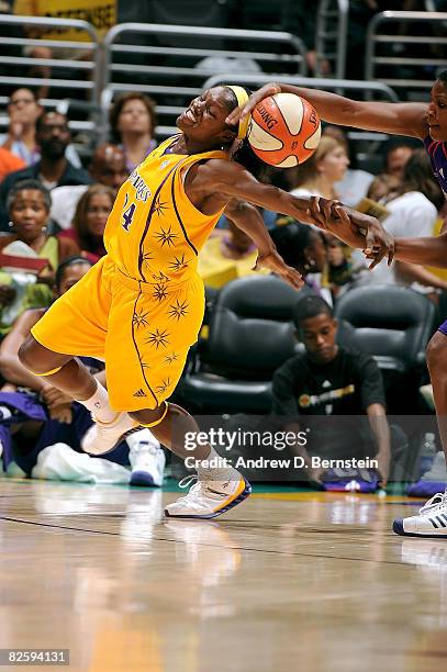 Marie Ferdinand-Harris of the Los Angeles Sparks is fouled during the game against the Sacramento Monarchs on August 28, 2008 at Staples Center in...