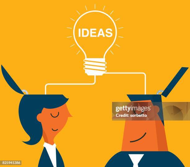 merge ideas to success - businessman and businesswoman - intelligence community stock illustrations